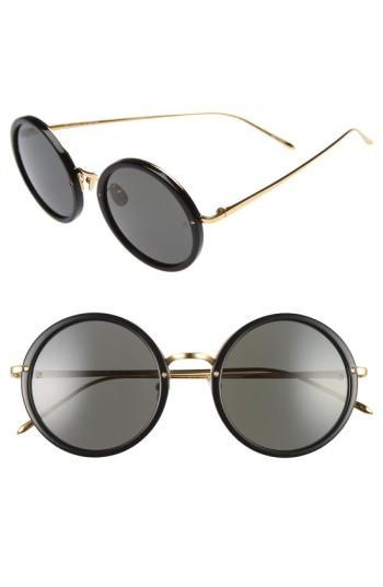 Women's Linda Farrow 51mm Round 24 Karat Gold Trim Sunglasses - Black/ Yellow Gold/ Grey