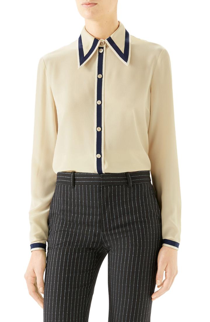 Women's Gucci Grosgrain Trim Silk Crepe De Chine Shirt Us / 36 It - Ivory