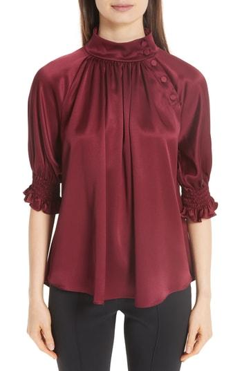 Women's Adam Lippes Silk Charmeuse Smocked Blouse - Burgundy