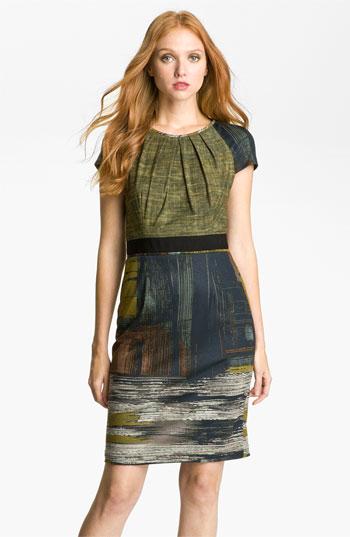 Maggy London Abstract Print Pleated Neck Jersey Dress
