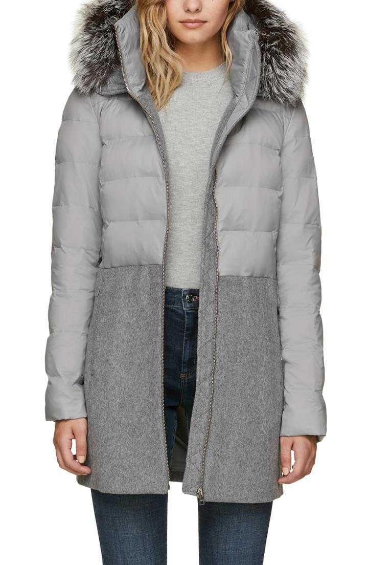 Women's Soia & Kyo Straight Fit Mixed Media Coat With Genuine Silver Fox Fur Trim - Grey