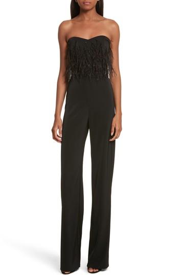 Women's Saloni Faux Feather Trim Satin Backed Crepe Strapless Jumpsuit - Black