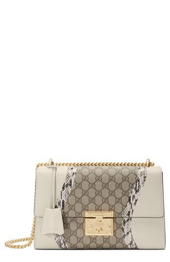 Gucci Medium Padlock Gg Supreme Wave Shoulder Bag With Genuine Snakeskin Trim - White