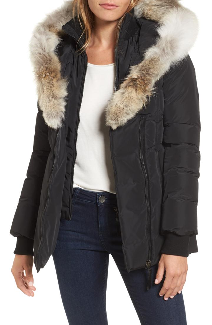 Women's Mackage Hooded Down Parka With Inset Bib & Genuine Fox Fur Trim - Black