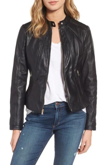 Women's Guess Collarless Leather Moto Jacket - Black