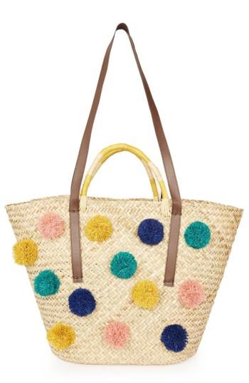Topshop Pompom Straw Tote Bag - Beige