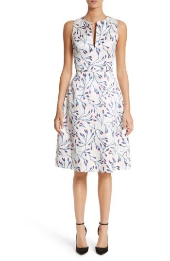 Women's Carolina Herrera Floral Split Neck Fit & Flare Dress - Ivory