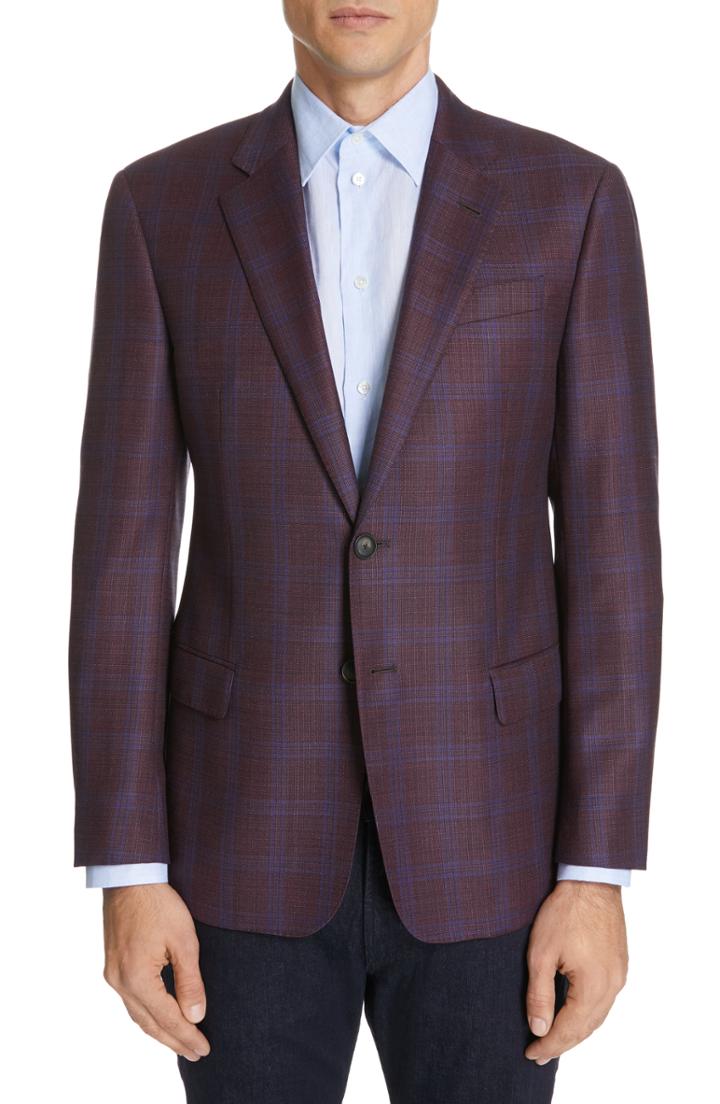 Men's Emporio Armani Trim Fit Plaid Wool Sport Coat Us / 48 Eu S - Burgundy