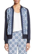 Women's St. John Collection Kali Tile Print Stretch Silk Crepe De Chine Bomber Jacket, Size - Blue