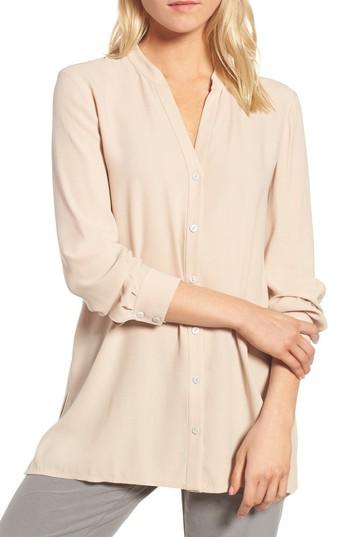 Women's Eileen Fisher Split Neck Silk Blouse, Size - Beige