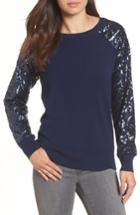 Petite Women's Halogen Sequin Sleeve Sweatshirt, Size P - Blue