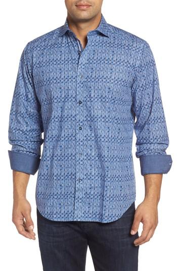 Men's Bugatchi Classic Fit Pattern Sport Shirt, Size - Blue