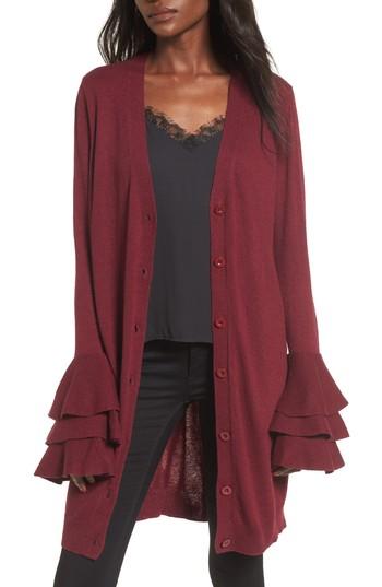 Women's Soprano Ruffle Sleeve Longline Cardigan - Burgundy