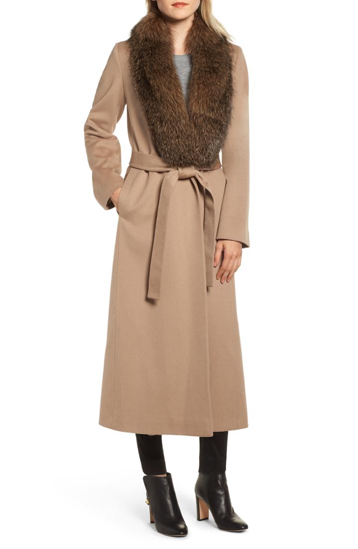 Women's Fleurette Loro Piana Wool Shawl Collar Coat With Genuine Fox Trim - Brown