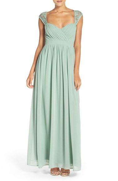 Women's Lulus Lace Shoulder Sleeveless Chiffon Gown - Green