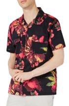 Men's Topman Floral Print Revere Collar Shirt - Black