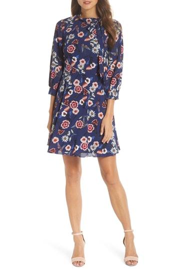 Women's Eliza J Tie Neck Floral Fit & Flare Dress - Blue