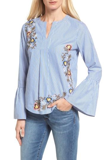 Women's Caslon Embroidered Bell Sleeve Top, Size - Blue