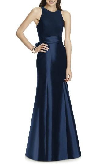 Women's Alfred Sung Mikado Jersey Bodice Trumpet Gown - Blue