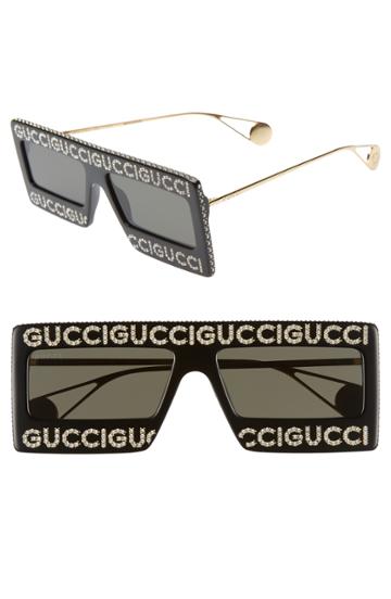 Women's Gucci 60mm Mask Rectangular Sunglasses - Black/ Swarovski W/ Solid Grey