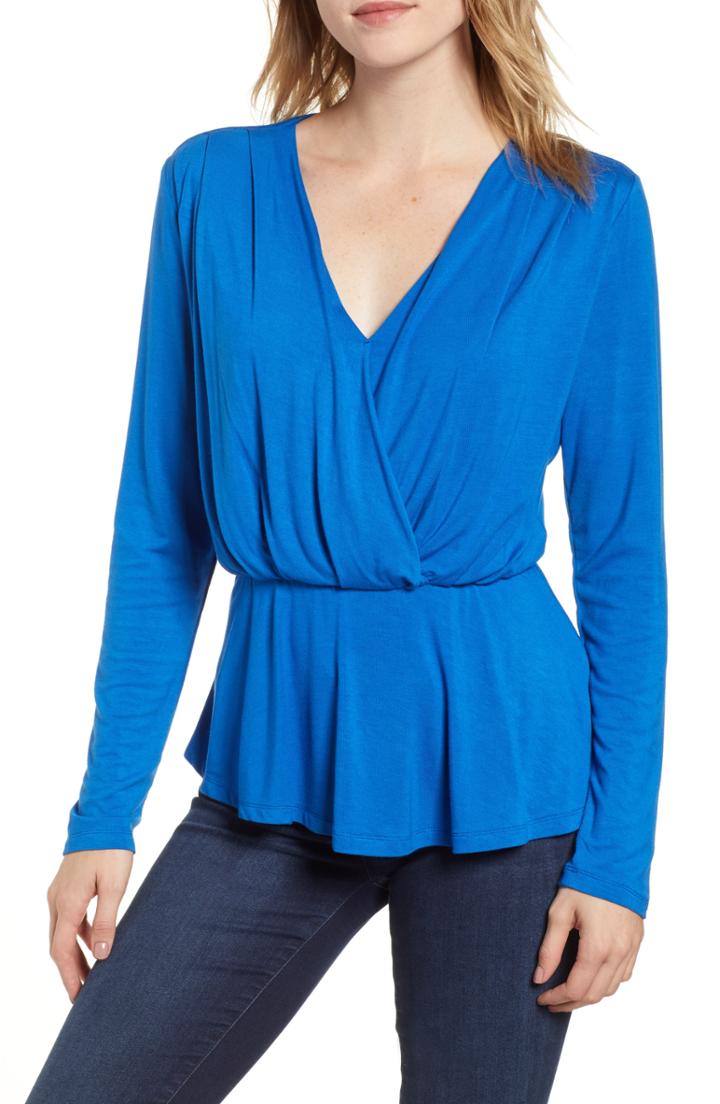 Women's Bobeau Long Sleeve Faux Wrap Knit Top, Size - Blue