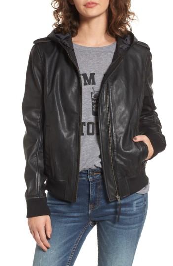 Women's Bp. Hooded Leather Flight Jacket