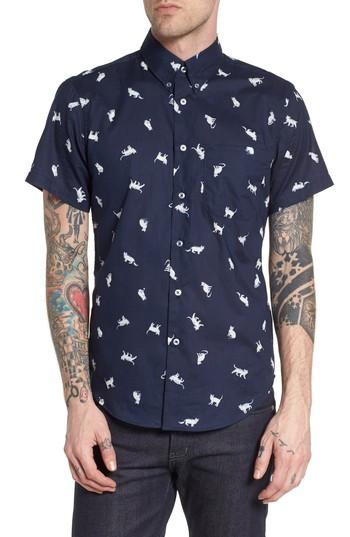 Men's Naked & Famous Denim Hand-drawn Cats Woven Shirt - Blue