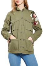 Women's Topshop Embroidered Army Shirt Jacket Us (fits Like 0) - Green