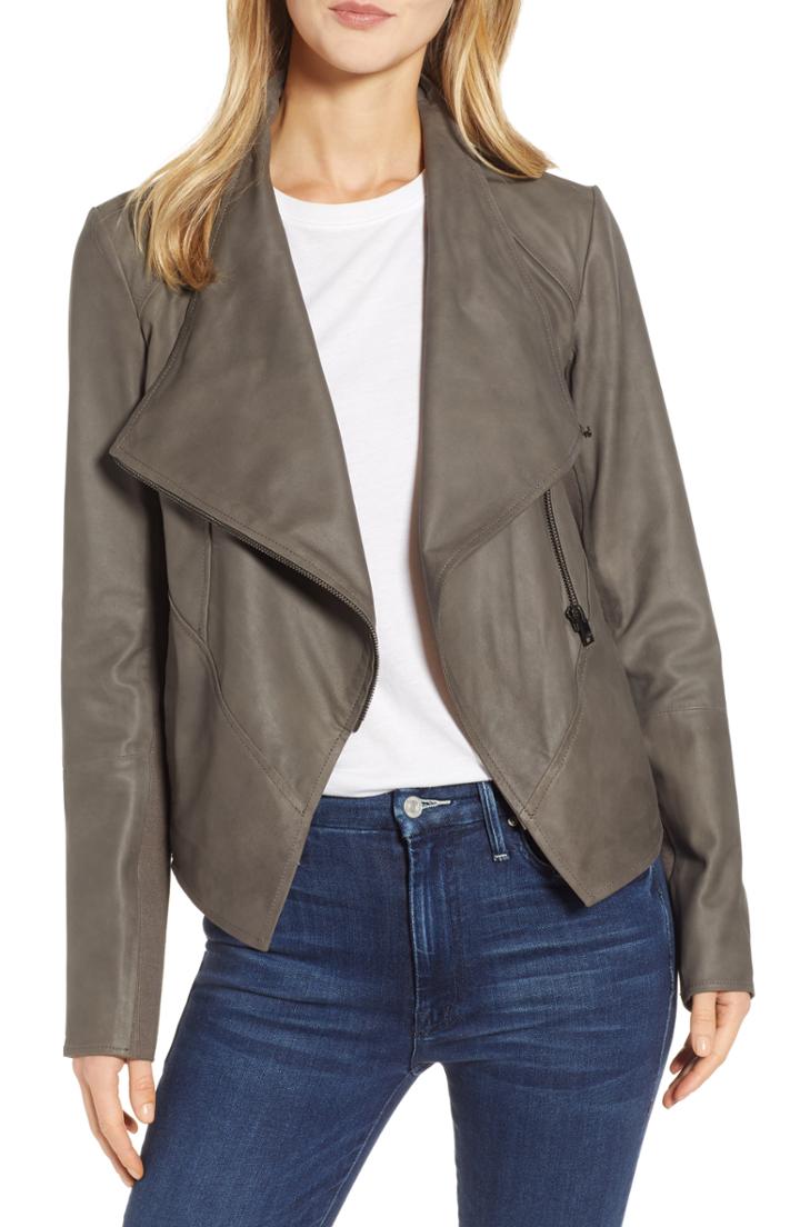 Women's Lamarque Asymmetrical Zip Front Leather Cascade Jacket - Grey
