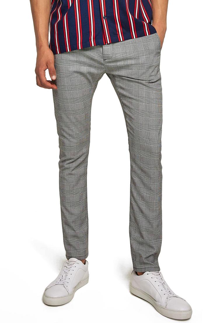Men's Topman Check Stretch Skinny Fit Trousers X 32 - Black