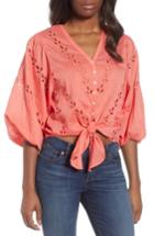 Women's Lucky Brand Eyelet Tie Front Cotton Peasant Blouse - Red