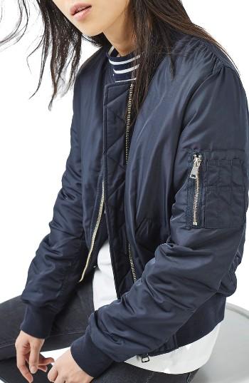 Women's Topshop Leopard Lined Bomber Jacket Us (fits Like 0) - Blue