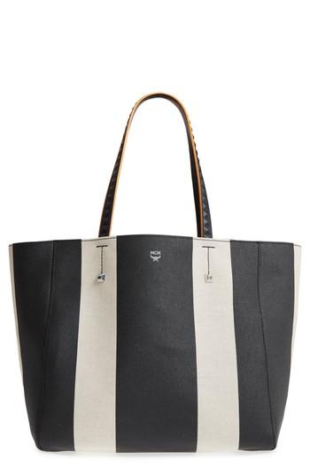 Mcm Ilse Medium East/west Stripe Canvas Shopper - Black