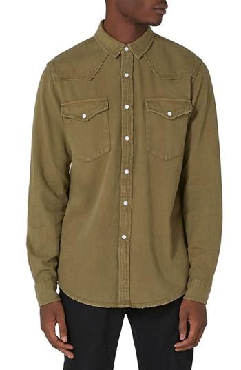 Men's Topman Twill Western Shirt - Green