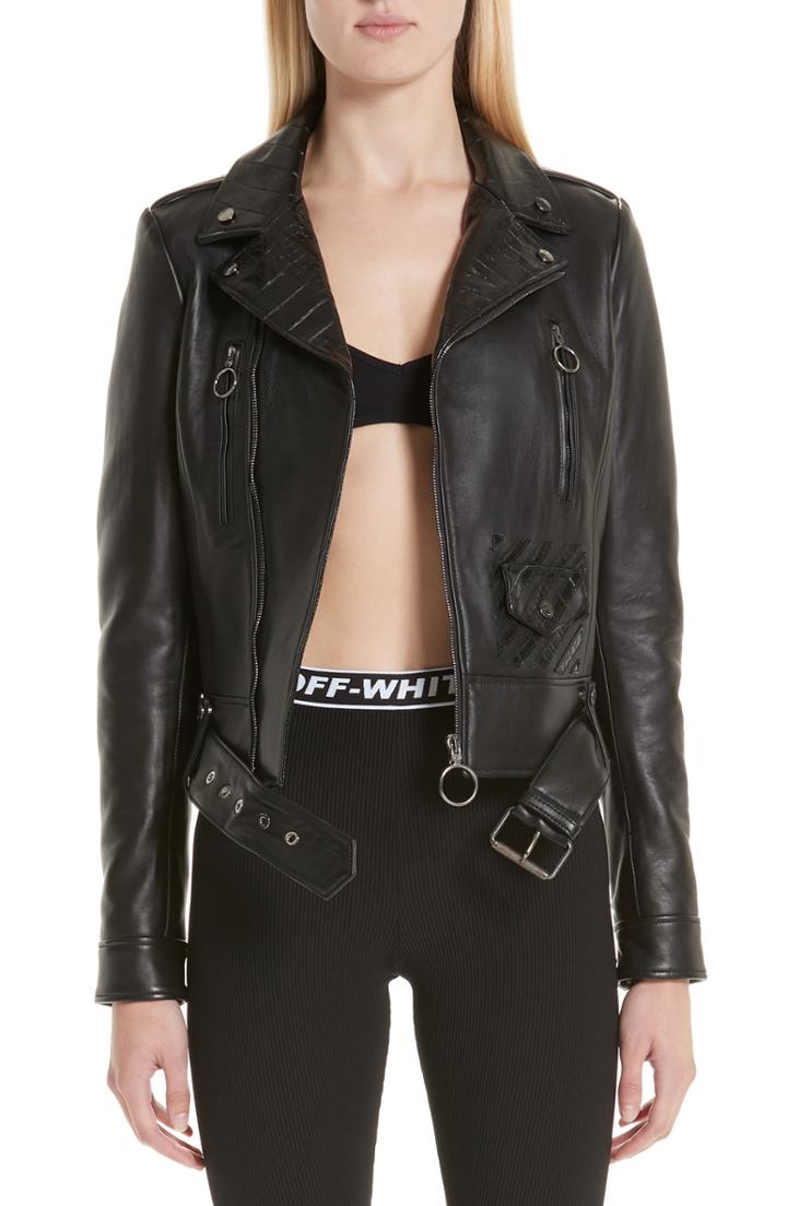 Women's Off-white Logo Leather Biker Jacket Us / 38 It - Black