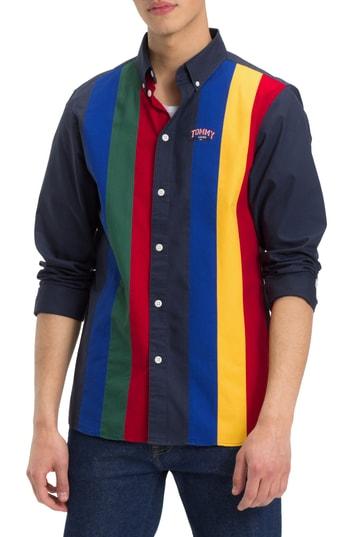 Men's Tommy Jeans Tjm Pieced Stripe Button Down Shirt - Blue