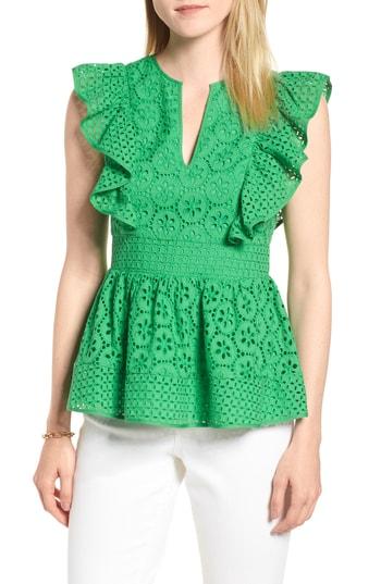 Petite Women's 1901 Cotton Eyelet Ruffle Top P - Green