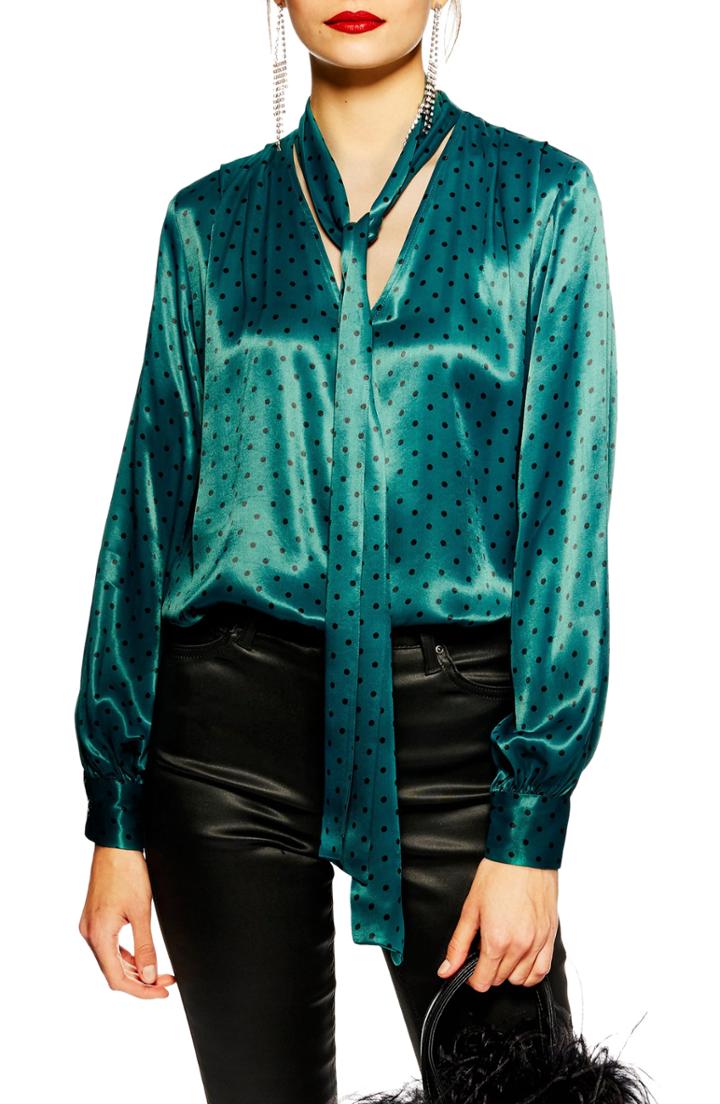Women's Topshop Spot Satin Blouse Us (fits Like 0) - Green