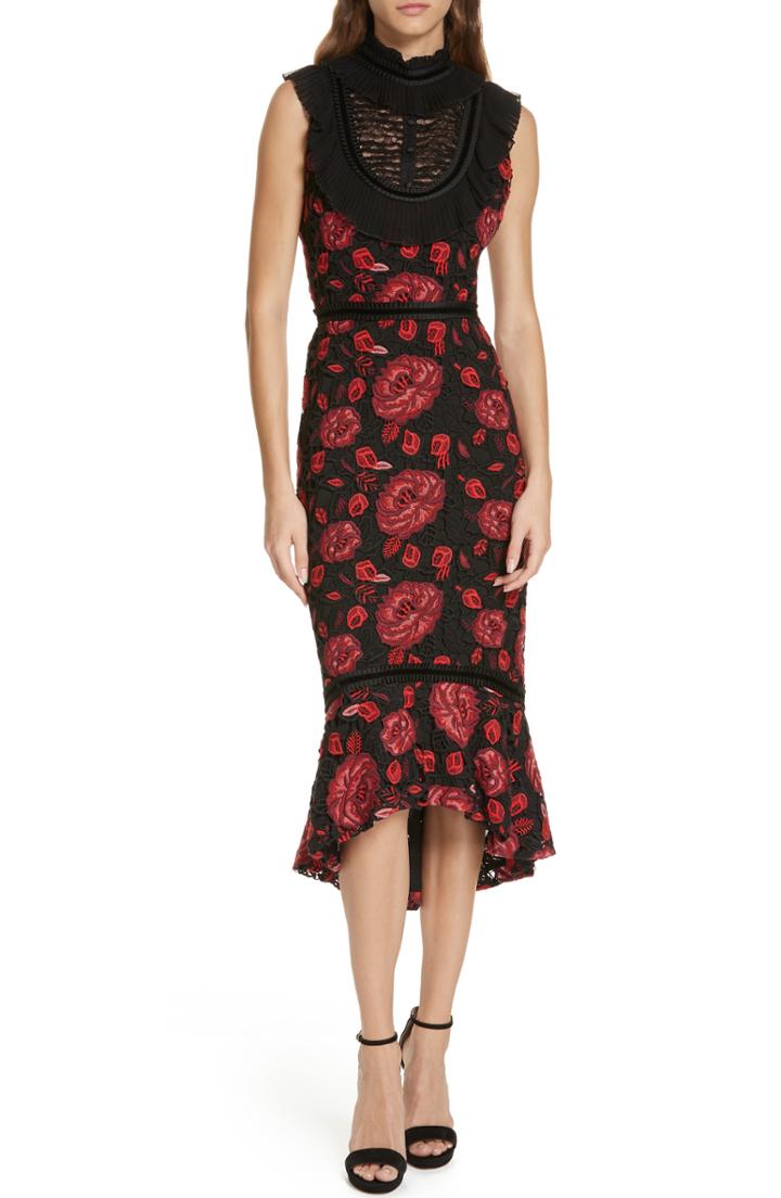 Women's Alice + Olivia Evelina High Ruffle Neck Body-con Midi Dress