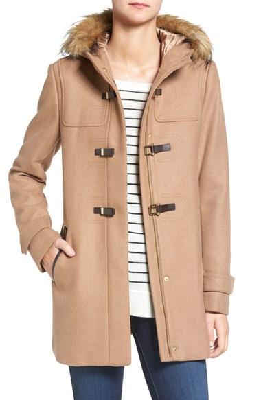 Women's Cole Haan Hooded Duffle Coat With Faux Fur Trim - Beige
