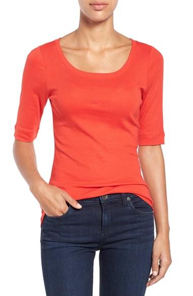 Women's Caslon Ballet Neck Cotton & Modal Knit Elbow Sleeve Tee, Size - Red