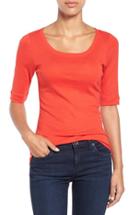 Women's Caslon Ballet Neck Cotton & Modal Knit Elbow Sleeve Tee, Size - Red