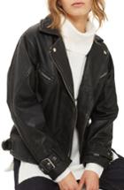 Women's Topshop Teddy Oversize Leather Biker Jacket Us (fits Like 2-4) - Black