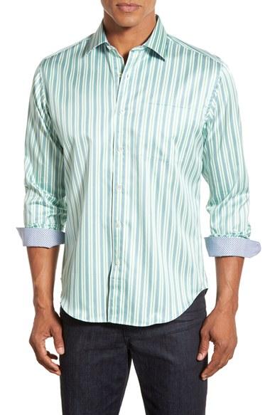 Men's Bugatchi Shaped Fit Stripe Sport Shirt - Green