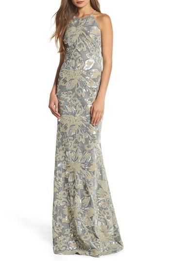 Women's Badgley Mischka Sequin Embroidered Velvet Halter Gown - Metallic