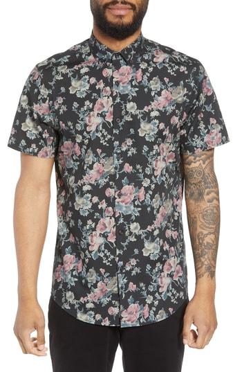 Men's Calibrate Trim Fit Floral Short Sleeve Sport Shirt, Size - Black