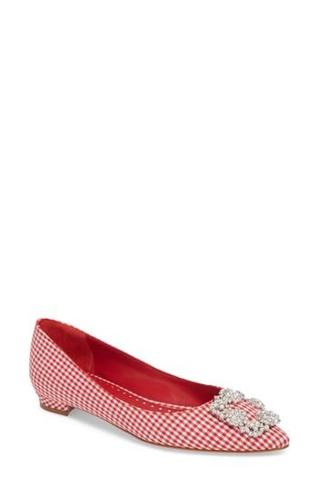 Women's Manolo Blahnik 'hangisi' Jeweled Pointy Toe Flat Us / 37eu - Red