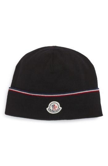 Men's Moncler Logo Patch Wool Beanie - Black