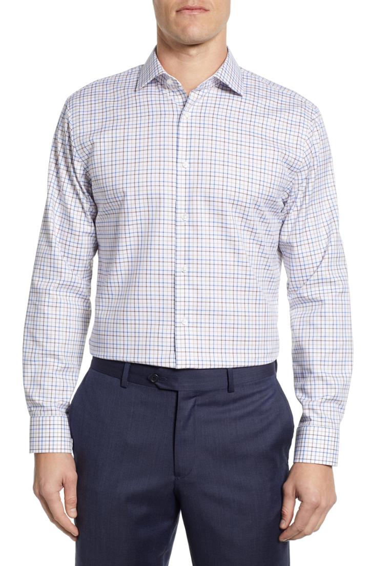 Men's Nordstrom Men's Shop Trim Fit Non-iron Check Dress Shirt - Brown
