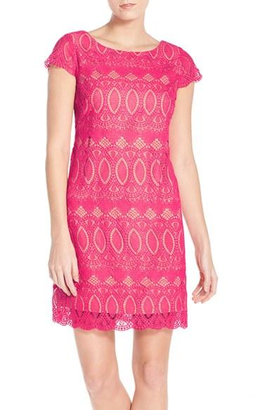 Petite Women's Eliza J Scalloped Lace Sheath Dress P - Pink